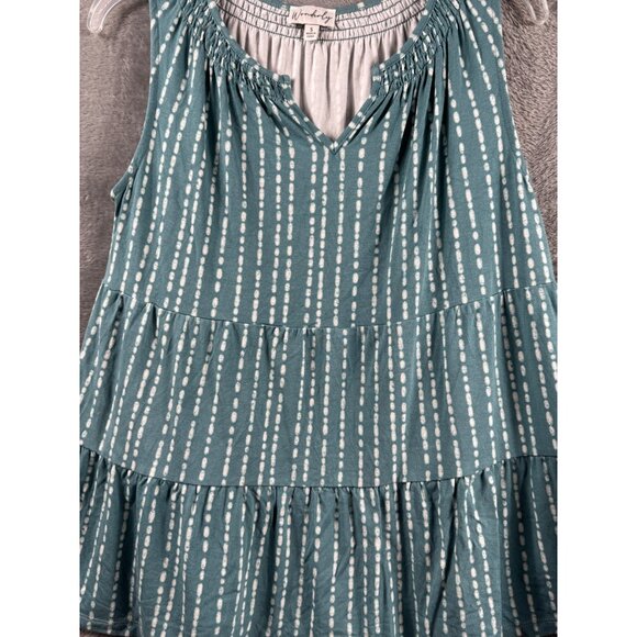 Teal Sleeveless Tiered Ruffle Top With White Dotted Stripes V-Neck By Wonderly W - Picture 4 of 8